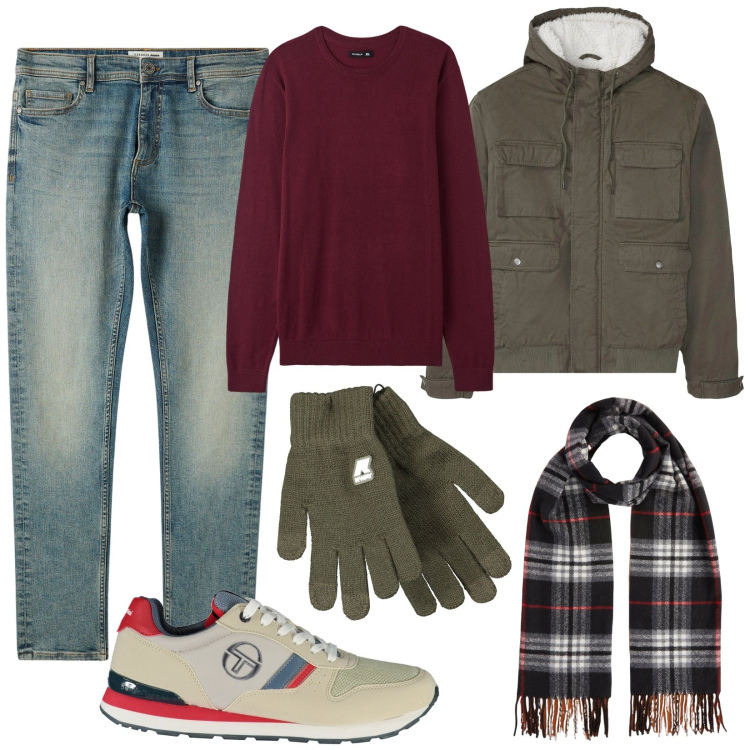 Outfit uomo - I guanti in lana. Stile Casual per Tutti i giorni. Abbinamento con piumini, maglieria, jeans skinny, sciarpe, guanti, sneakers.