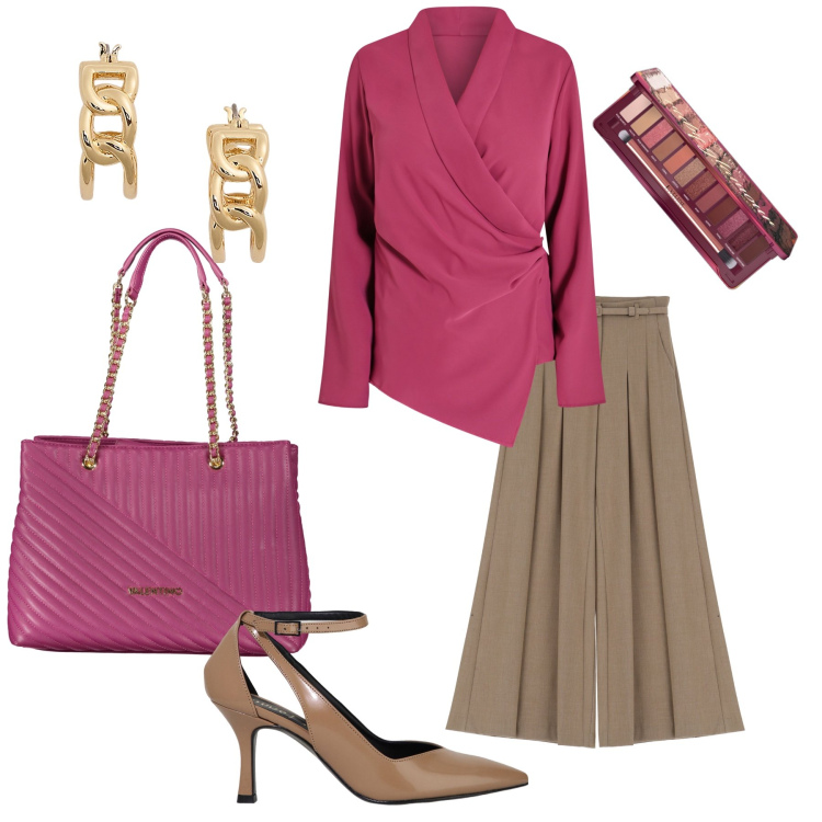 Outfit donna - Total look #2003603. Stile Chic per Serata fuori. Abbinamento con ombretti, bluse, pantaloni a palazzo, orecchini, décolleté, borse a spalla.