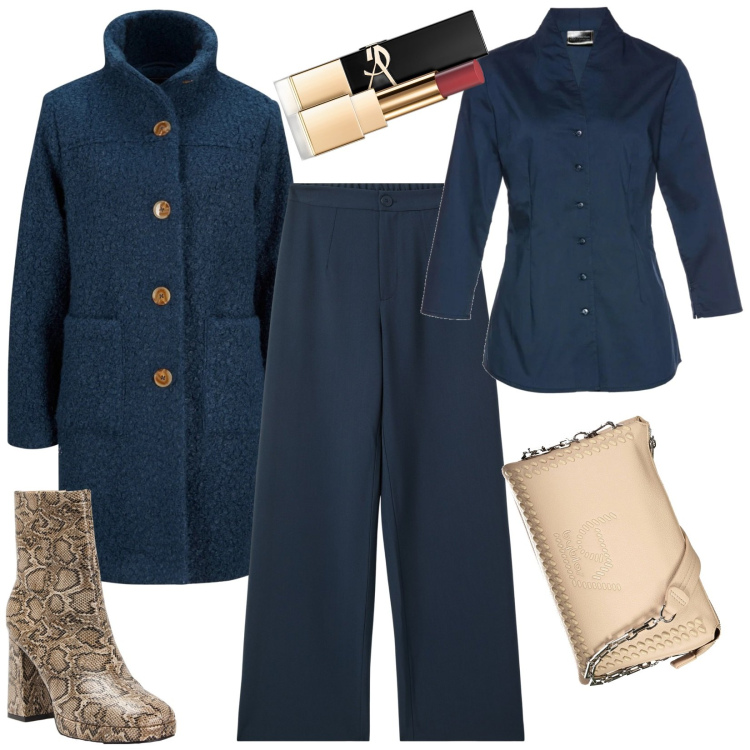 Outfit donna - Total look #2003608. Stile Casual per Tutti i giorni. Abbinamento con cappotti, camicie, rossetti, pantaloni, stivaletti, borse a spalla.