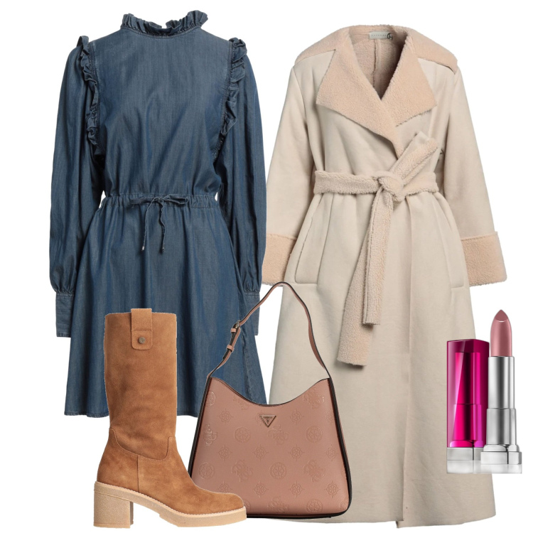 Outfit donna - Romantica in denim. Stile Romantica per Tutti i giorni. Abbinamento con cappotti, stivali, vestiti corti, rossetti, borse a spalla.