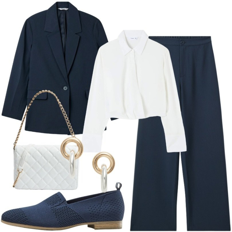 Outfit donna - un look da ufficio. Stile Casual per Ufficio. Abbinamento con mocassini, blazer, bluse, pantaloni, borse a tracolla, orecchini.
