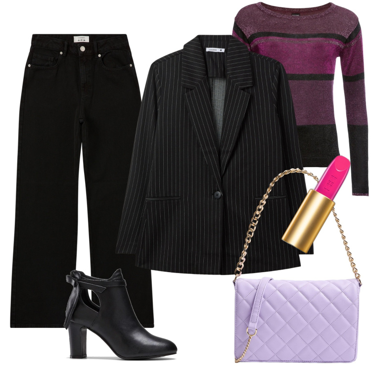 Outfit donna - Total look #2003658. Stile Rock per Serata fuori. Abbinamento con maglieria, stivaletti, rossetti, blazer, pantaloni, borse a tracolla.