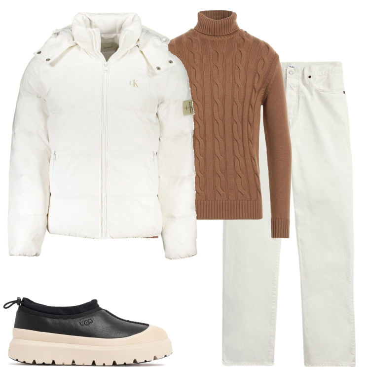 Outfit uomo - Il piumino con. Stile Urban per Tutti i giorni. Abbinamento con maglieria, jeans dritti, giacche, stivali e stivaletti.