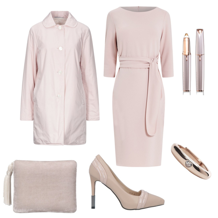 Outfit donna - Cerimonia in rosa. Stile Bon Ton per Cerimonia. Abbinamento con décolleté, trench, blush, anelli, vestiti midi/longuette, pochette.