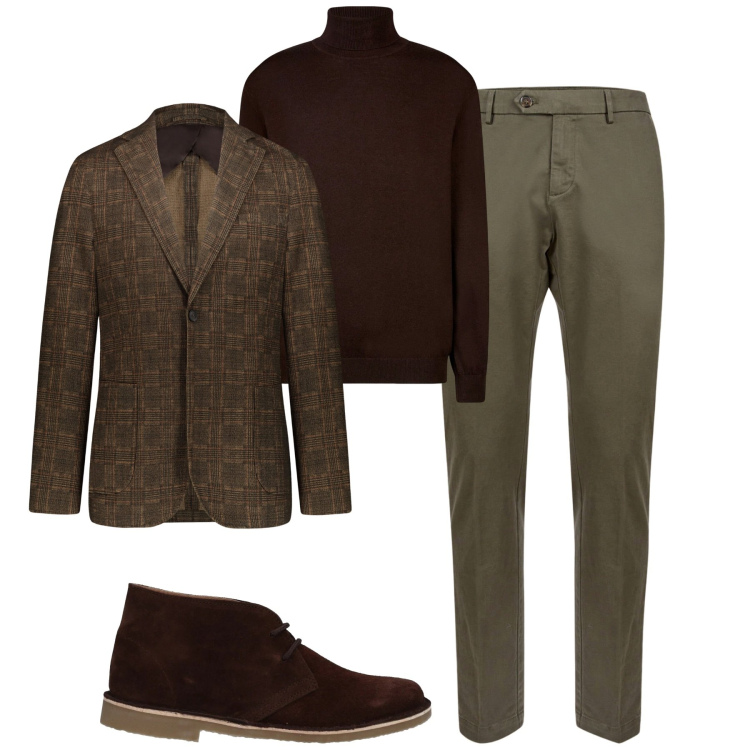 Outfit uomo - City. Stile Business/Elegante per Tutti i giorni. Abbinamento con stivali e stivaletti, giacche, pantaloni chino, maglieria.