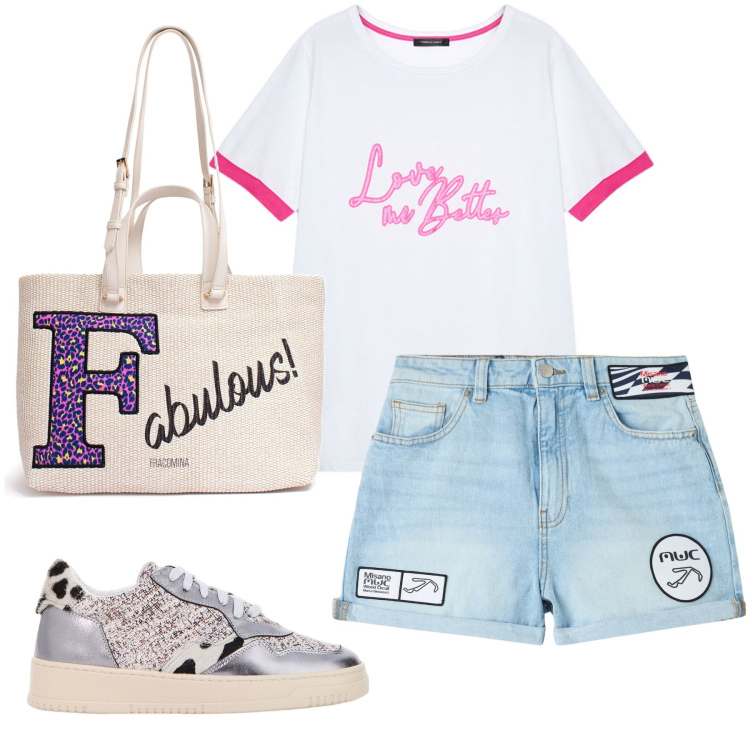 Outfit donna - Casual teen. Stile Casual per Tutti i giorni. Abbinamento con shorts, borse a tracolla, sneakers, t-shirt.