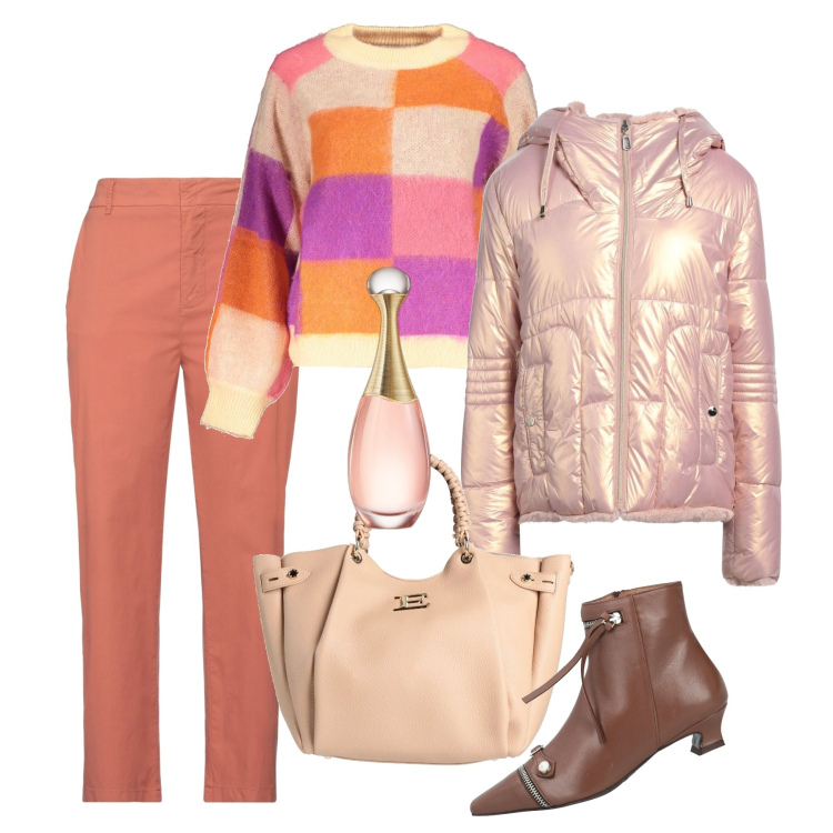 Outfit donna - Il pull \'90. Stile Trendy per Tutti i giorni. Abbinamento con pantaloni, piumini, borse a mano, stivaletti, profumi, maglieria.