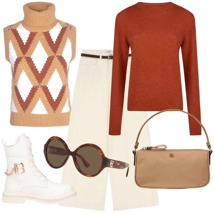 Outfit donna - Total look #2003683. Stile Casual per Tutti i giorni. Abbinamento con anfibi, gilet, pantaloni, occhiali da sole, pochette, maglieria.