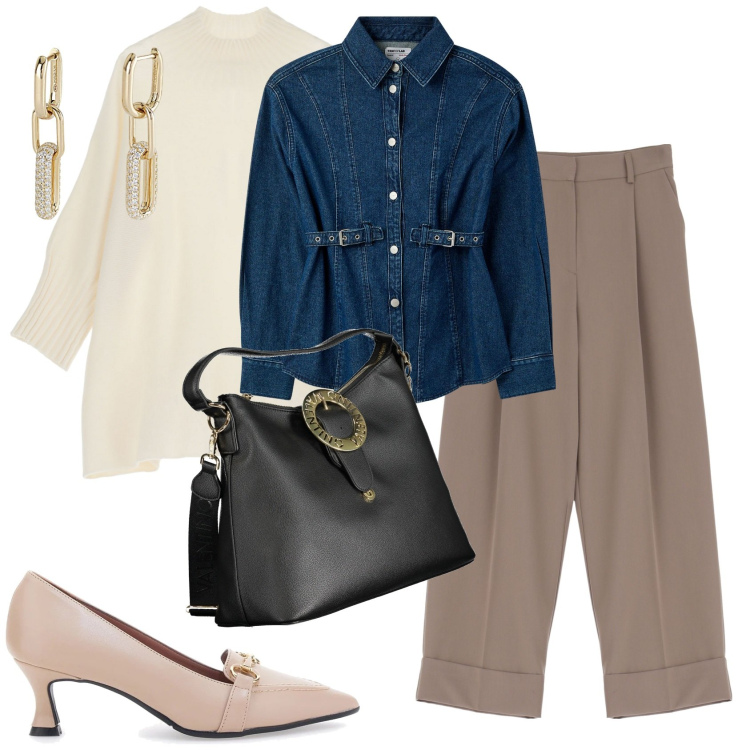 Outfit donna - Panta palazzo e una camicia in jeans. Stile Casual chic per Tutti i giorni. Abbinamento con camicie, orecchini, pantaloni, cappe, décolleté, borse a spalla.