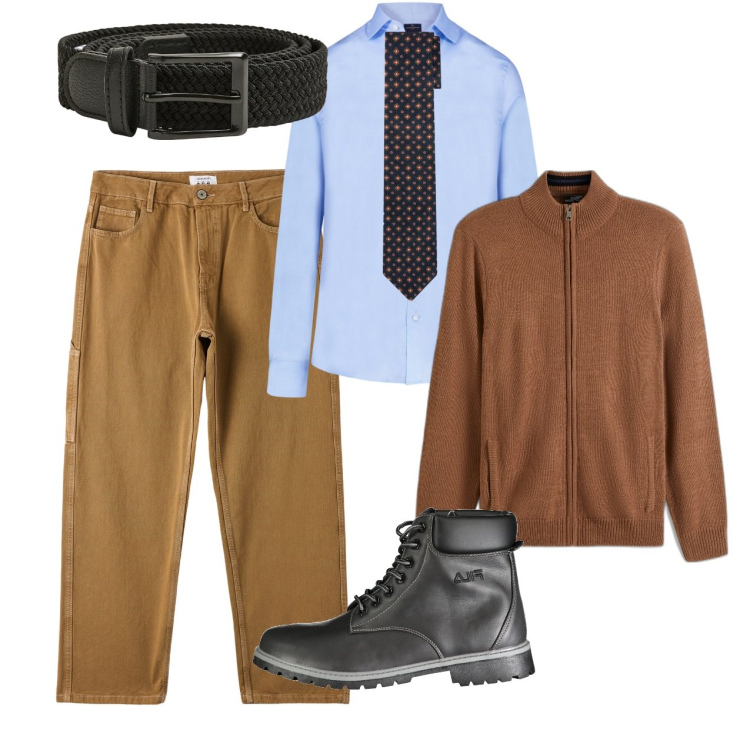 Outfit uomo - In ufficio. Stile Casual per Tutti i giorni. Abbinamento con cardigans, pantaloni, cinture, camicie, cravatte, stivali.