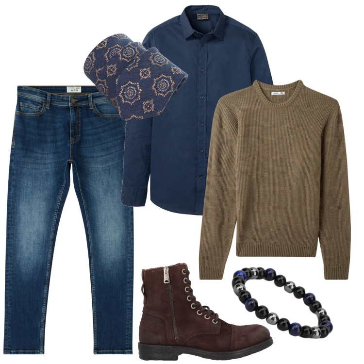 Outfit uomo - Il pull spago. Stile Trendy per Tutti i giorni. Abbinamento con camicie, stivali e stivaletti, jeans skinny, maglieria, braccialetti, cravatte.