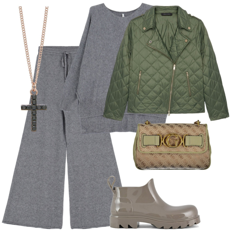 Outfit donna - Pantaloni in maglia no stress. Stile Chic per Tutti i giorni. Abbinamento con collane, pantaloni, maglieria, stivali, piumini, borse a tracolla.