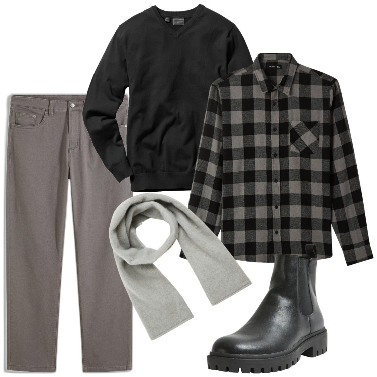 Outfit uomo - Casual grey. Stile Casual per Tutti i giorni. Abbinamento con pantaloni, maglieria, stivali e stivaletti, camicie, sciarpe e foulard.