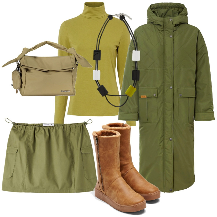 Outfit donna - Total look #2003699. Stile Casual per Tutti i giorni. Abbinamento con maglieria, stivali, parka, minigonne, collane, borse a spalla.