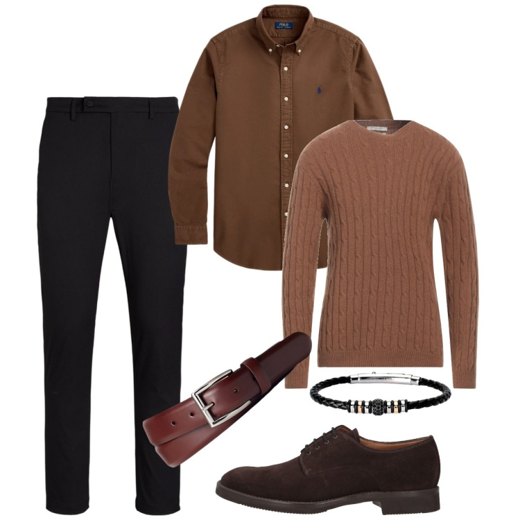 Outfit uomo - Cappuccino. Stile Trendy per Serata speciale. Abbinamento con scarpe stringate, pullovers, braccialetti, cinture, pantaloni, camicie.