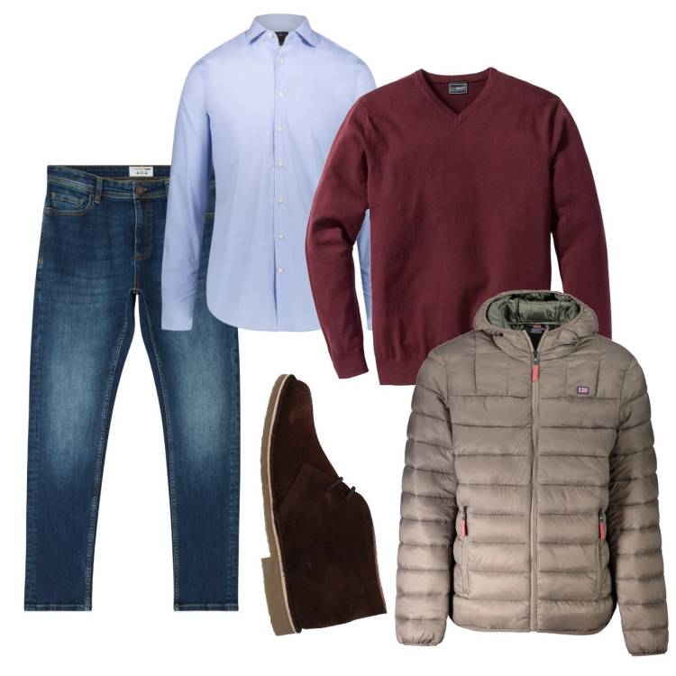 Outfit uomo - Il pull a V. Stile Casual per Tutti i giorni. Abbinamento con maglieria, stivali e stivaletti, jeans skinny, camicie, giacche.