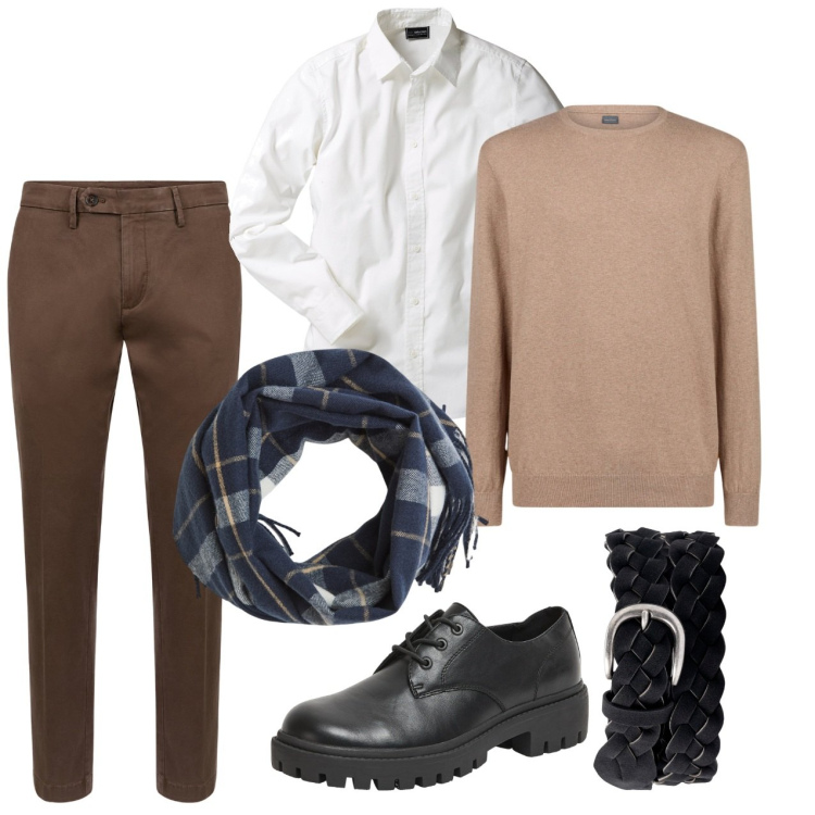 Outfit uomo - Casual brown. Stile Casual per Tutti i giorni. Abbinamento con camicie, scarpe stringate, sciarpe, maglieria, cinture, pantaloni chino.