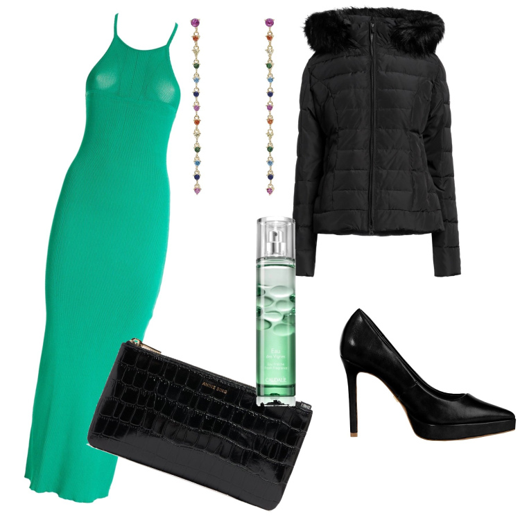Outfit donna - Prima alla Scala. Stile Chic per Serata fuori. Abbinamento con piumini, profumi, orecchini, décolleté, vestiti lunghi, clutch.