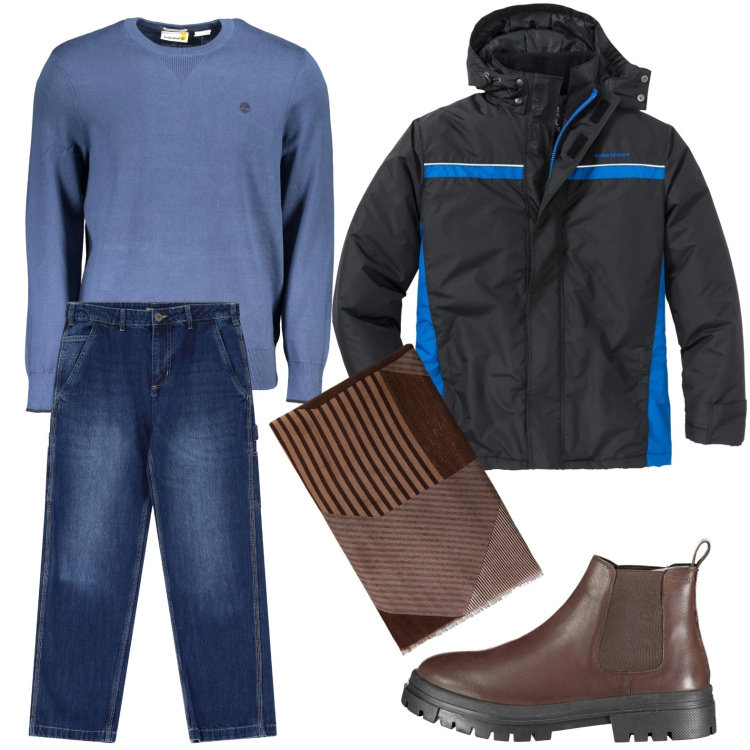 Outfit uomo - Look rilassato. Stile Trendy per Tutti i giorni. Abbinamento con giacche, sciarpe, jeans dritti, maglieria, stivali.