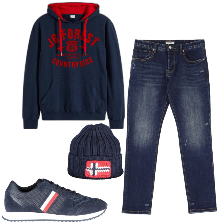Outfit uomo - City. Stile Casual per Tutti i giorni. Abbinamento con felpe con cappuccio, jeans slim fit, sneakers, berretti.