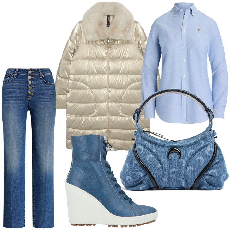 Outfit donna - La mini borsa moon. Stile Bon Ton per Ufficio. Abbinamento con stivaletti, camicie, jeans dritti, piumini, borse a spalla.
