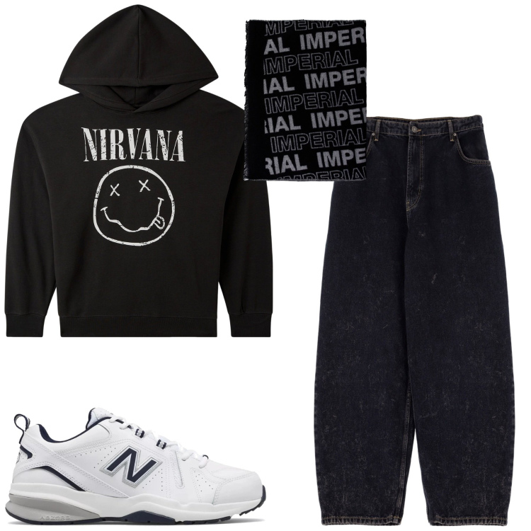 Outfit uomo - City. Stile Casual per Tutti i giorni. Abbinamento con sneakers, felpe con cappuccio, jeans, sciarpe.
