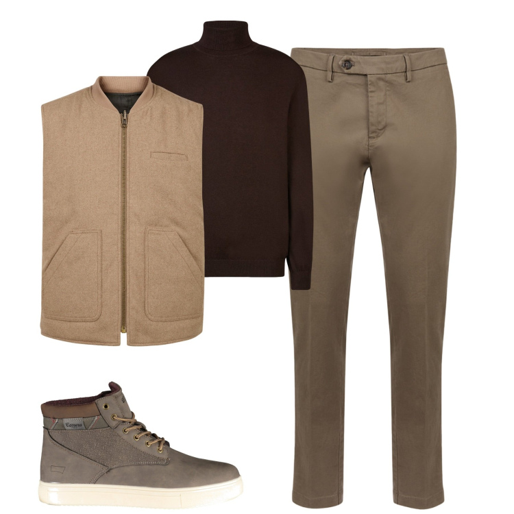 Outfit uomo - Total look #2003818. Stile Urban per Tutti i giorni. Abbinamento con pantaloni chino, stivali, maglieria, piumini.