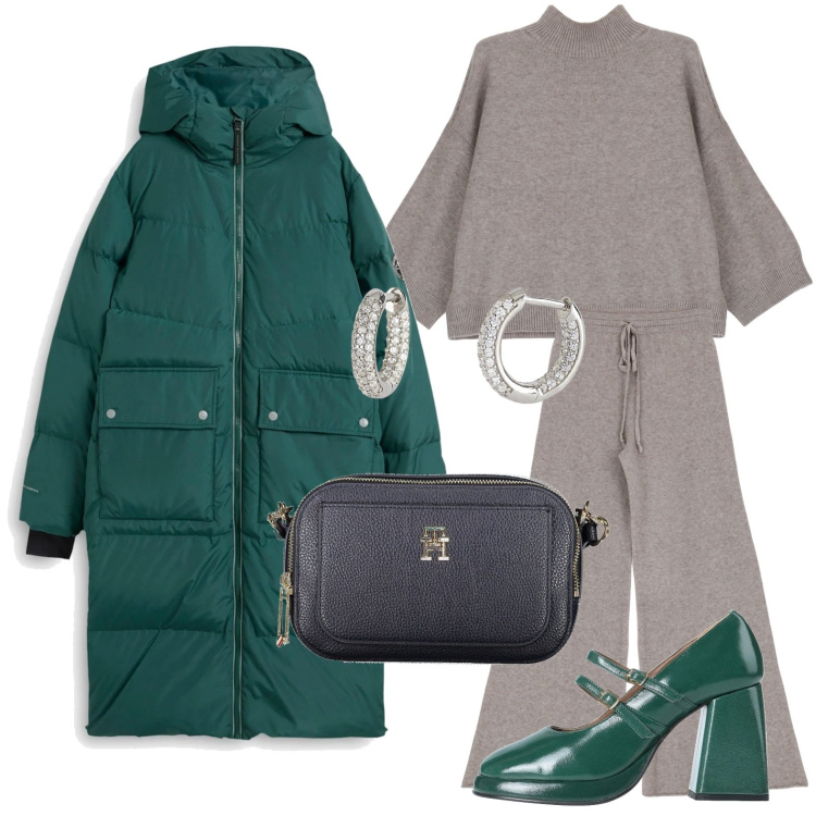 Outfit donna - Libertà di movimento. Stile Bon Ton per Tutti i giorni. Abbinamento con piumini, décolleté, orecchini, pullovers, pantaloni, borse a tracolla.