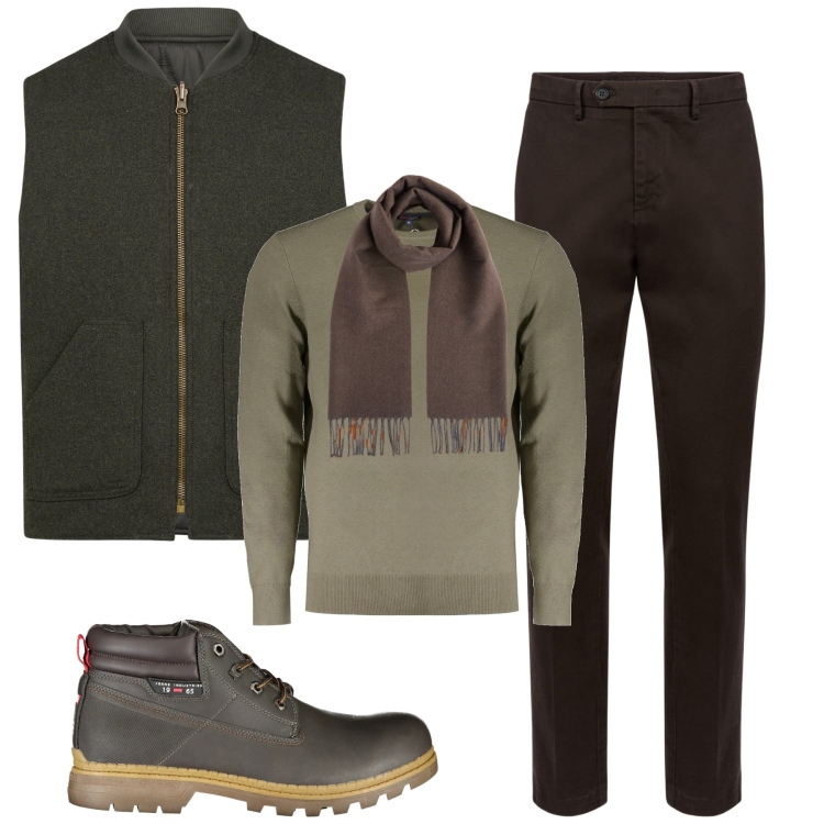 Outfit uomo - City. Stile Urban per Tutti i giorni. Abbinamento con pantaloni chino, sciarpe, stivali, maglieria, piumini.