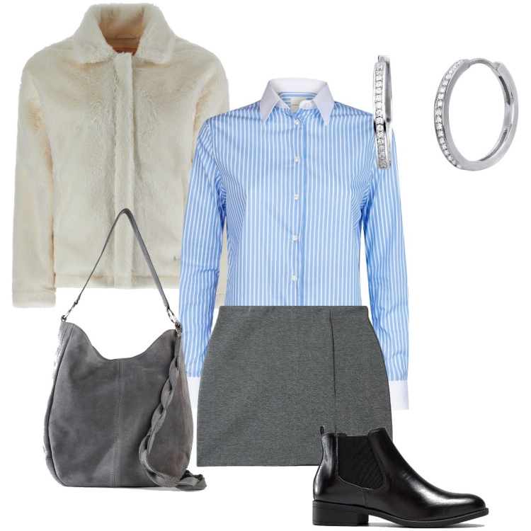 Outfit donna - La camicia seria. Stile Casual chic per Scuola/Università. Abbinamento con stivaletti chelsea, borse a mano, minigonne, orecchini, cappotti, camicie.
