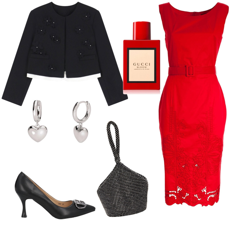 Outfit donna - Romanticamente sexy. Stile Romantica per Serata fuori. Abbinamento con décolleté, profumi, orecchini, pochette, vestiti midi/longuette, blazer.