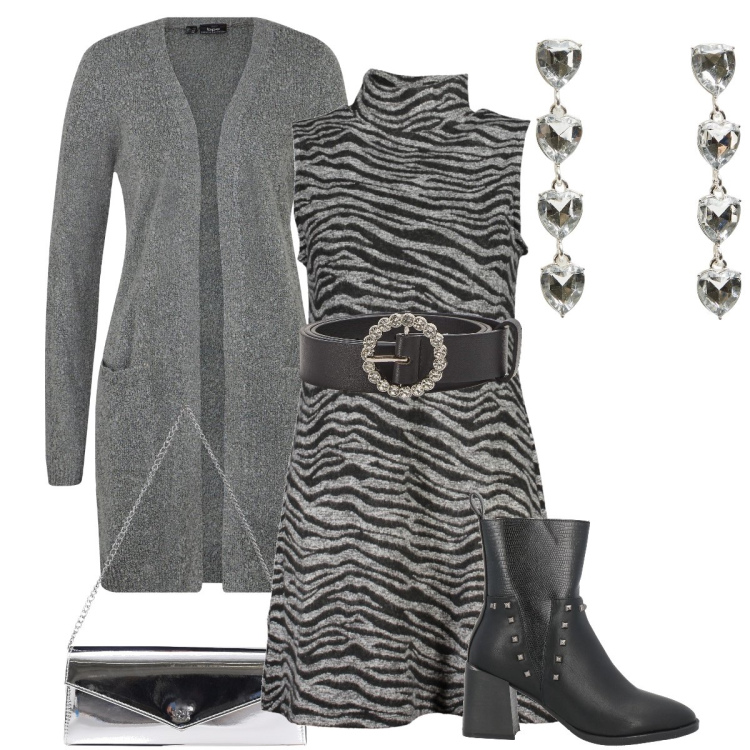 Outfit donna - Elegante in zebrato. Stile Bon Ton per Serata fuori. Abbinamento con cardigans, stivaletti, orecchini, cinture, pochette, vestiti corti.