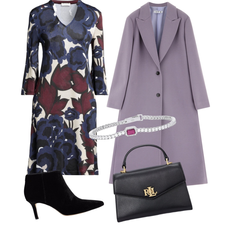 Outfit donna - Total look. Stile Urban per Ufficio. Abbinamento con vestiti corti, cappotti, braccialetti, borse a mano, stivaletti.