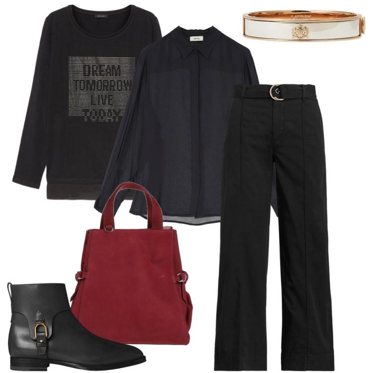 Outfit donna - Il bracciale con stemma. Stile Casual chic per Serata fuori. Abbinamento con borse a mano, camicie, braccialetti, pantaloni, stivaletti, t-shirt.