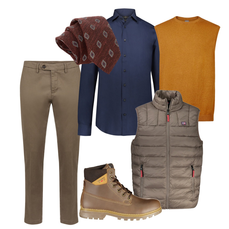 Outfit uomo - Mostarda e blu. Stile Casual per Ufficio. Abbinamento con cravatte, pantaloni chino, camicie, gilet, giacche, stivali.
