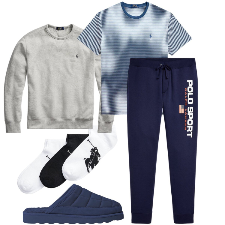Outfit uomo - Relax la domenica mattina. Stile Casual per Tutti i giorni. Abbinamento con felpe, calzini, pantaloni, t-shirt, pantofole.