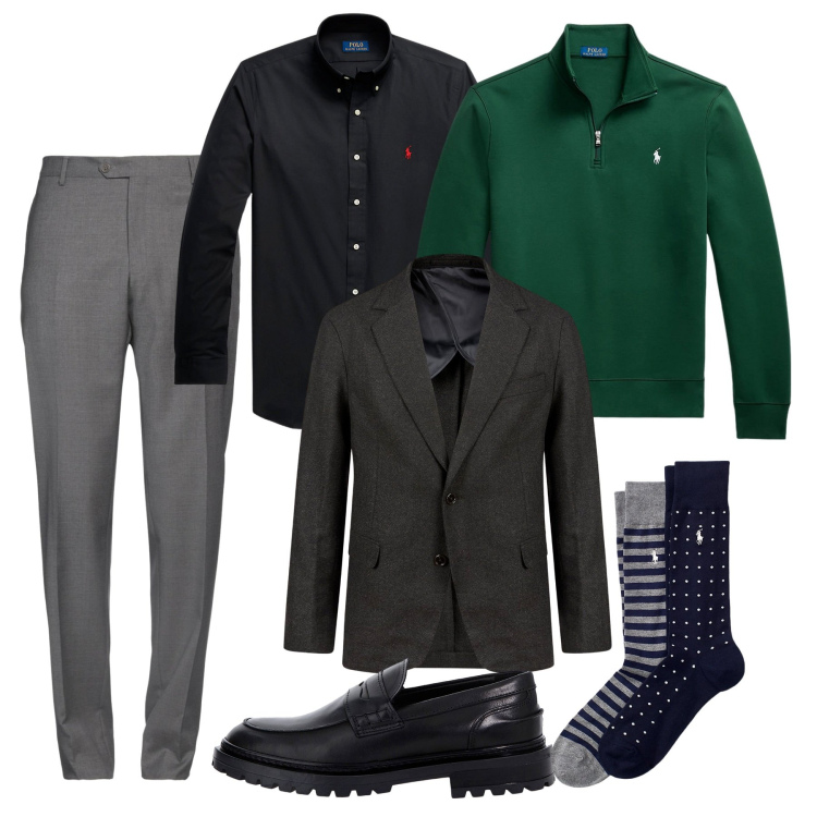 Outfit uomo - Verde brillante. Stile Casual per Ufficio. Abbinamento con pantaloni, scarpe stringate, calzini, camicie, pullovers, giacche.