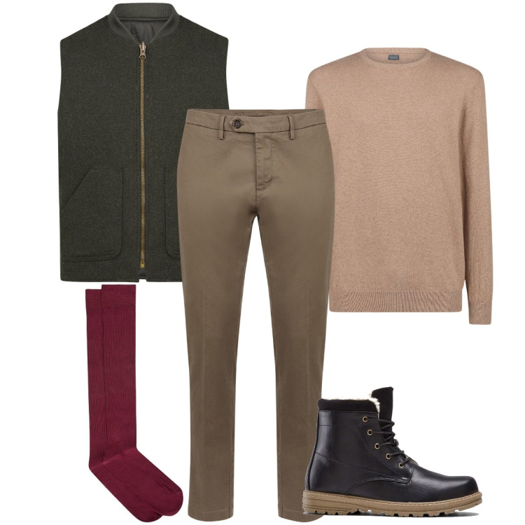 Outfit uomo - I calzini bordeaux. Stile Business/Elegante per Ufficio. Abbinamento con stivali e stivaletti, pantaloni chino, maglieria, piumini, calzini.