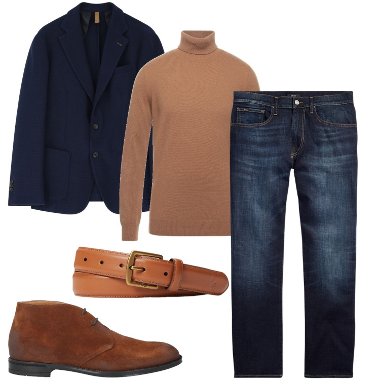 Outfit uomo - Giacca e dolcevita. Stile Business/Elegante per Serata speciale. Abbinamento con stivali e stivaletti, maglieria, giacche, jeans dritti, cinture.