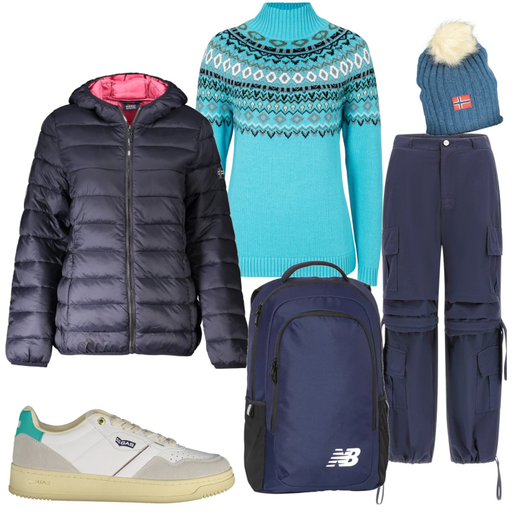 Outfit donna - Weekend in montagna. Stile Casual per Tutti i giorni. Abbinamento con maglieria, zaini, pantaloni cargo, blazer, sneakers, berretti.