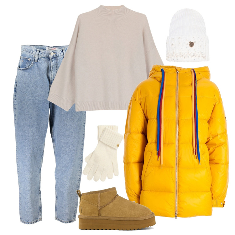 Outfit donna - È arrivato il freddo!. Stile Casual per Tutti i giorni. Abbinamento con berretti, piumini, pullovers, guanti, stivaletti, jeans mom.