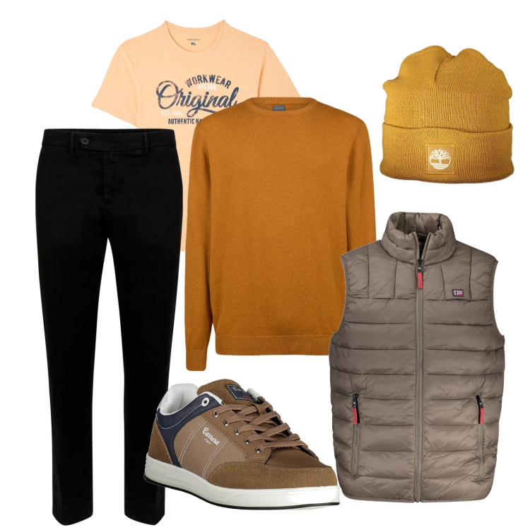 Outfit uomo - Tonalità calde. Stile Casual per Tutti i giorni. Abbinamento con t-shirt, pantaloni chino, maglieria, giacche, sneakers, berretti.