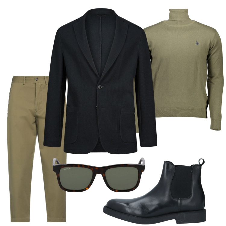 Outfit uomo - Stile raffinato. Stile Urban per Serata speciale. Abbinamento con stivali e stivaletti, pantaloni chino, giacche, maglieria, occhiali da sole.