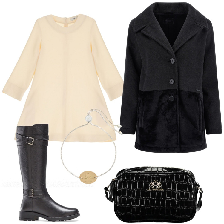 Outfit donna - Stile unico. Stile Bon Ton per Serata fuori. Abbinamento con stivali, cappotti, vestiti, braccialetti con ciondoli, borse a tracolla.