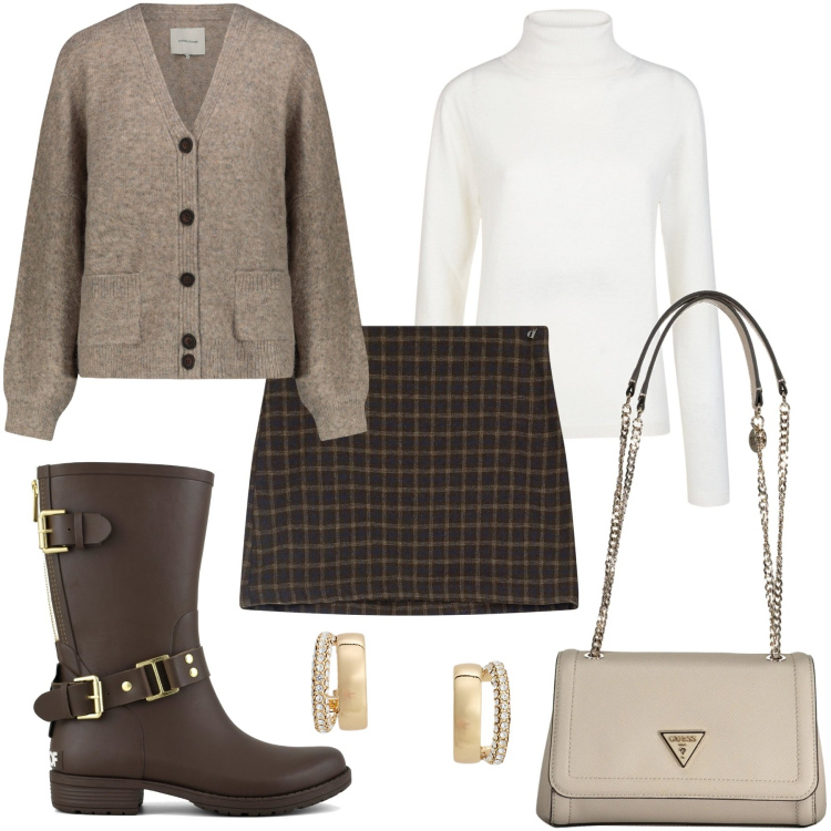 Outfit donna - Domenica di Novembre. Stile Preppy per Tutti i giorni. Abbinamento con minigonne, orecchini, cardigans, stivali, borse a spalla, maglieria.