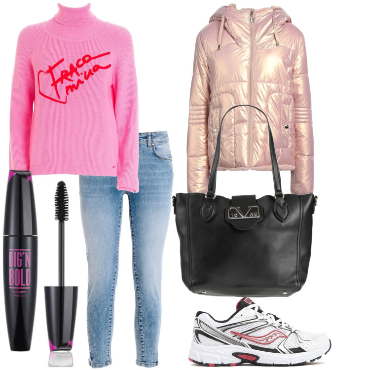 Outfit donna - Domenica pomeriggio al supermercato. Stile Sporty chic per Tutti i giorni. Abbinamento con piumini, borse a mano, mascara, maglieria, jeans, sneakers.