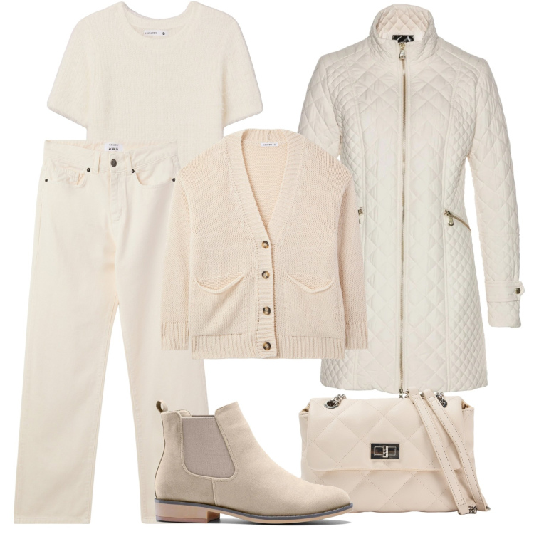 Outfit donna - Giornata fredda dai toni delicati. Stile Casual per Tutti i giorni. Abbinamento con blazer, stivaletti chelsea, pantaloni, borse a spalla, cardigans, t-shirt.