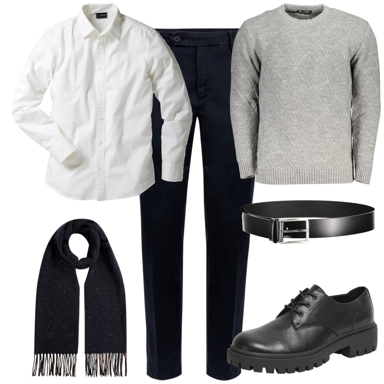 Outfit uomo - City. Stile Urban per Tutti i giorni. Abbinamento con camicie, scarpe stringate, pantaloni chino, cinture, maglieria, sciarpe.