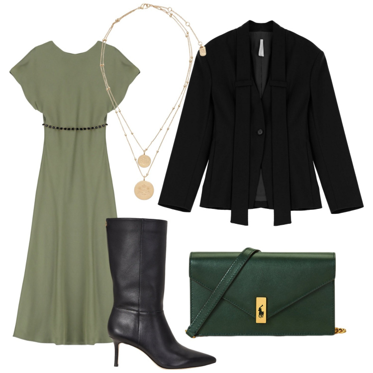 Outfit donna - Spirito raffinato. Stile Chic per Serata fuori. Abbinamento con vestiti, blazer, ciondoli, stivali, clutch.