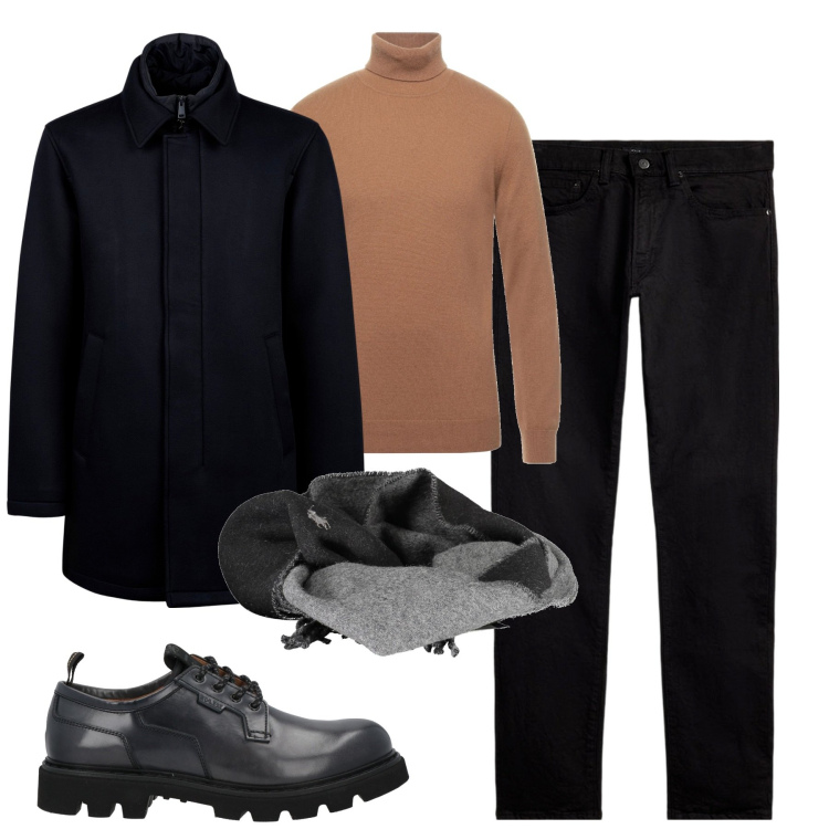 Outfit uomo - City. Stile Urban per Tutti i giorni. Abbinamento con maglieria, scarpe stringate, jeans, cappotti, sciarpe.